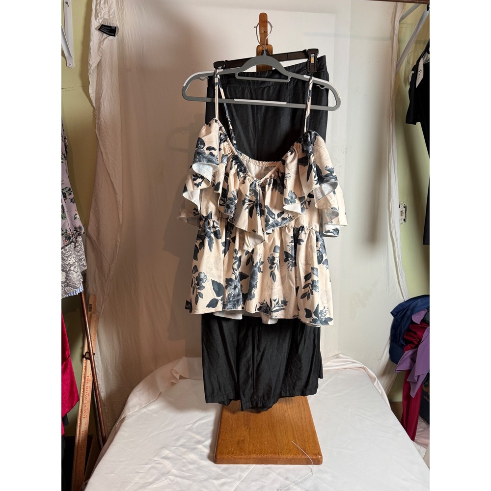 2XL Floral Cold Shoulder Ruffle Top and Wide Leg Pants Set Black Cream